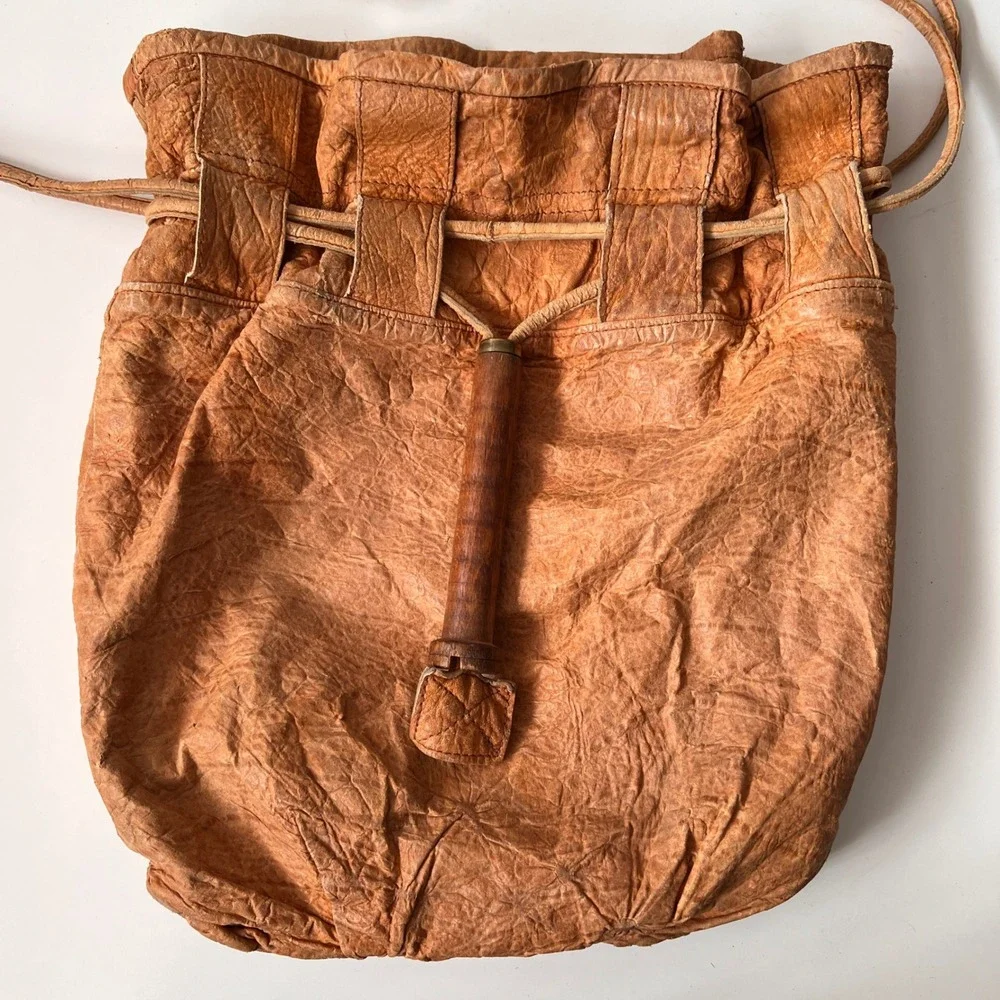 Vintage Susan Riedweg Leather Bucket Bag Large Brown Handmade Hobo Drawstring